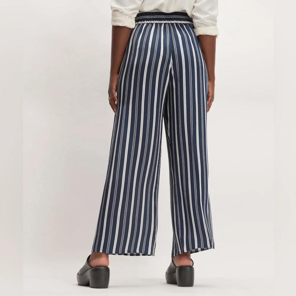 Everlane New Size XS Viscose Satin Wide Leg Pull On Pant‎ Blue White Stripes